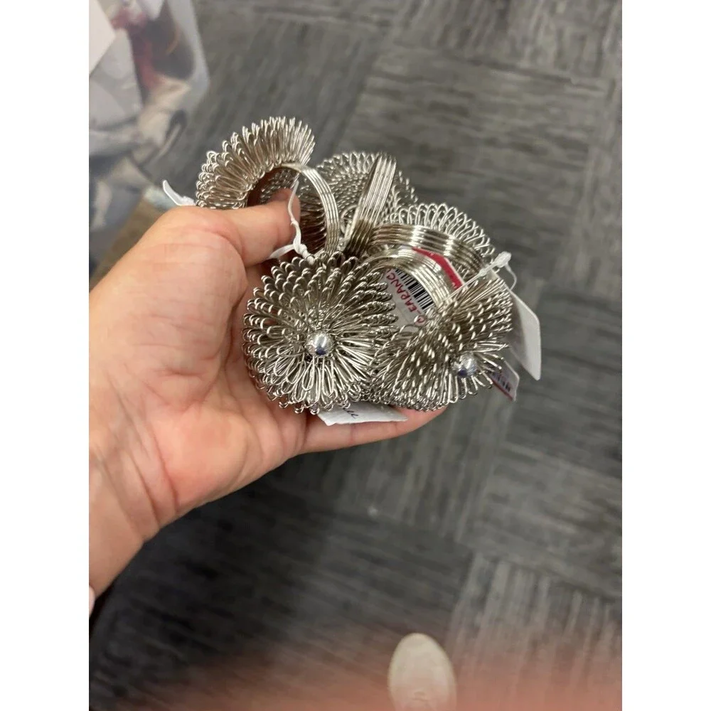Pier 1 Silver Metal Flower Napkin Ring Holder Set Of 6 NWT individual
